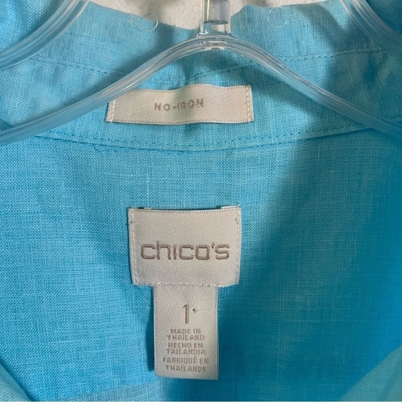 Chico's Turquoise Button Down Linen Lightweight 3/4 Sleeve Spring Blouse - Picture 8 of 9